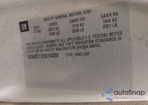 2009 Buick Lucerne Cxl z USA, uszkodzony, nr VIN 1G4HD57129U104266